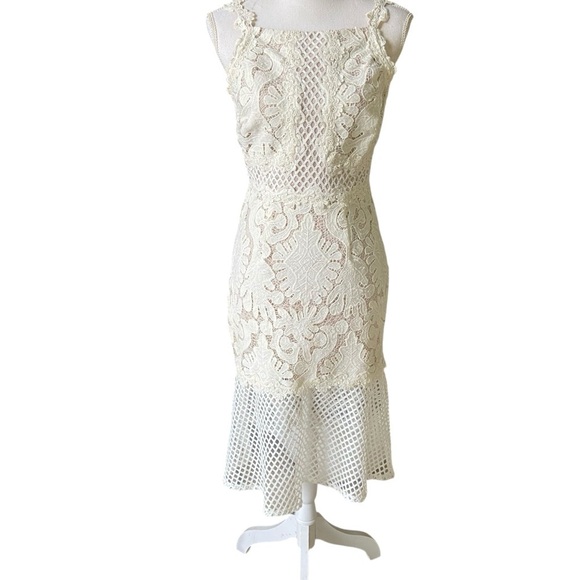 Jax Womens White Lace Overlay Midi Dress Size 4 Nude Shell Sleeveless Bridal - Picture 4 of 16